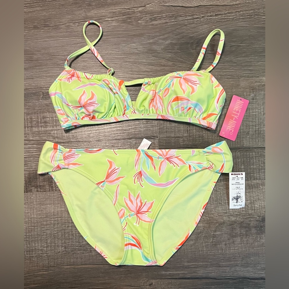Women’s Lime Floral Two-Piece Swim Set, Top Size Medium & Bottom Size Large